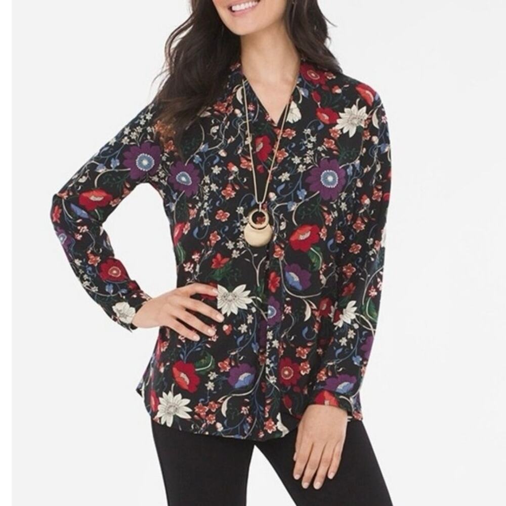 Chico's Mystique crepe stretch floral long sleeve blouse size 1 medium 8 10
